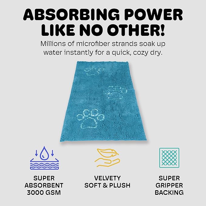 Dog Gone Smart Dirty Dog Doormat - Fast Drying Rug with Super Gripper Backing for Clean Floors - Super Absorbent and Machine Washable Mat for Muddy Paws - Aqua