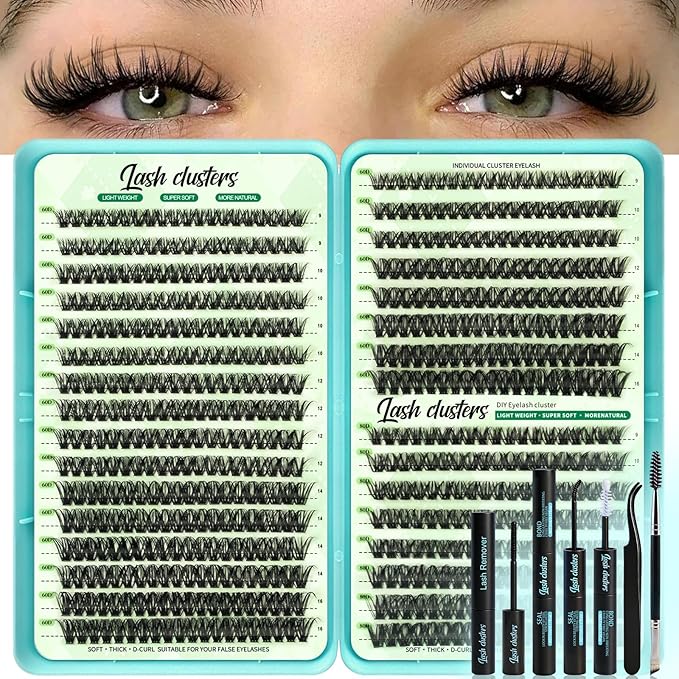 Wispy Lash Clusters Kit, D Curl Lashes Clusters Natural Look 9-16mm Individual Super Thin Band DIY Cluster Eyelash Extensions Kit with Bond Seal Tweezers Brush Remover (60D 80D Mix)