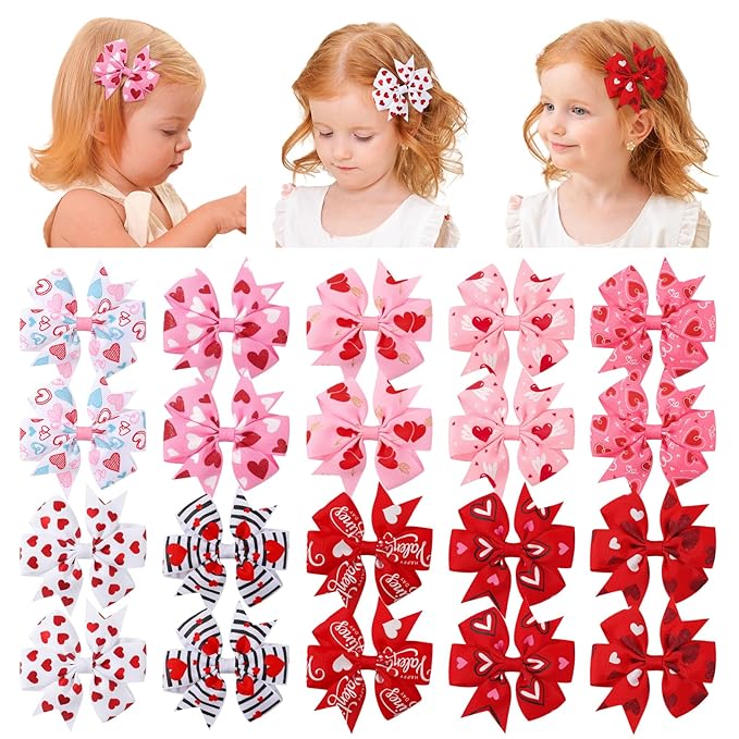 choicbaby 20pcs Valentines Hair Bows Toddler Girls Hair Clips 3＂Grosgrain Ribbon Baby Bow Clips Valentines Love Heart Pattern Bows with Alligator Clips Hair Accessories for Toddler Girls Baby Kids