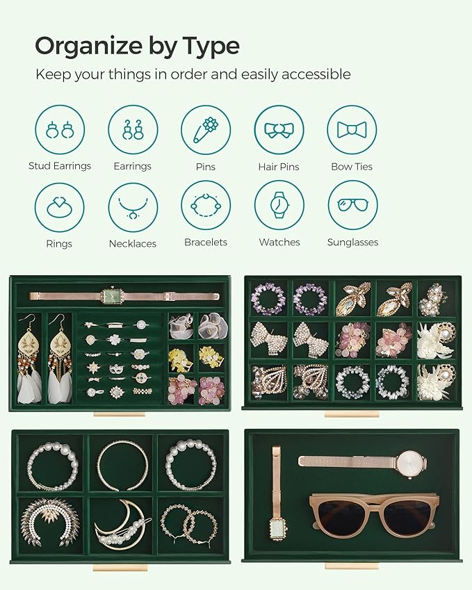SONGMICS GISELLA Collection - Jewelry Box Organizer, 4-Layer Jewelry Storage with 3 Drawers, Shiny Metal Hardware, Glass Lid, Modern, 6 x 9.9 x 8.5 Inches, Forest Green and Gold Color UJBC161G01