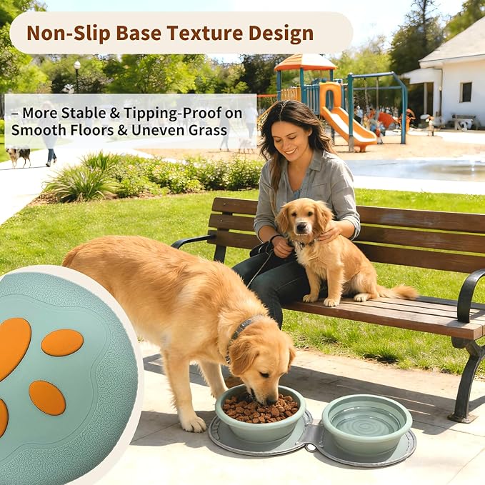 Collapsible Dog Bowls, 2-in-1 Silicone Pet Food and Water Bowl with Carabiner, Portable Double Compartment Dish for Travel, Camping, Hiking Puppy Essentials (Green)