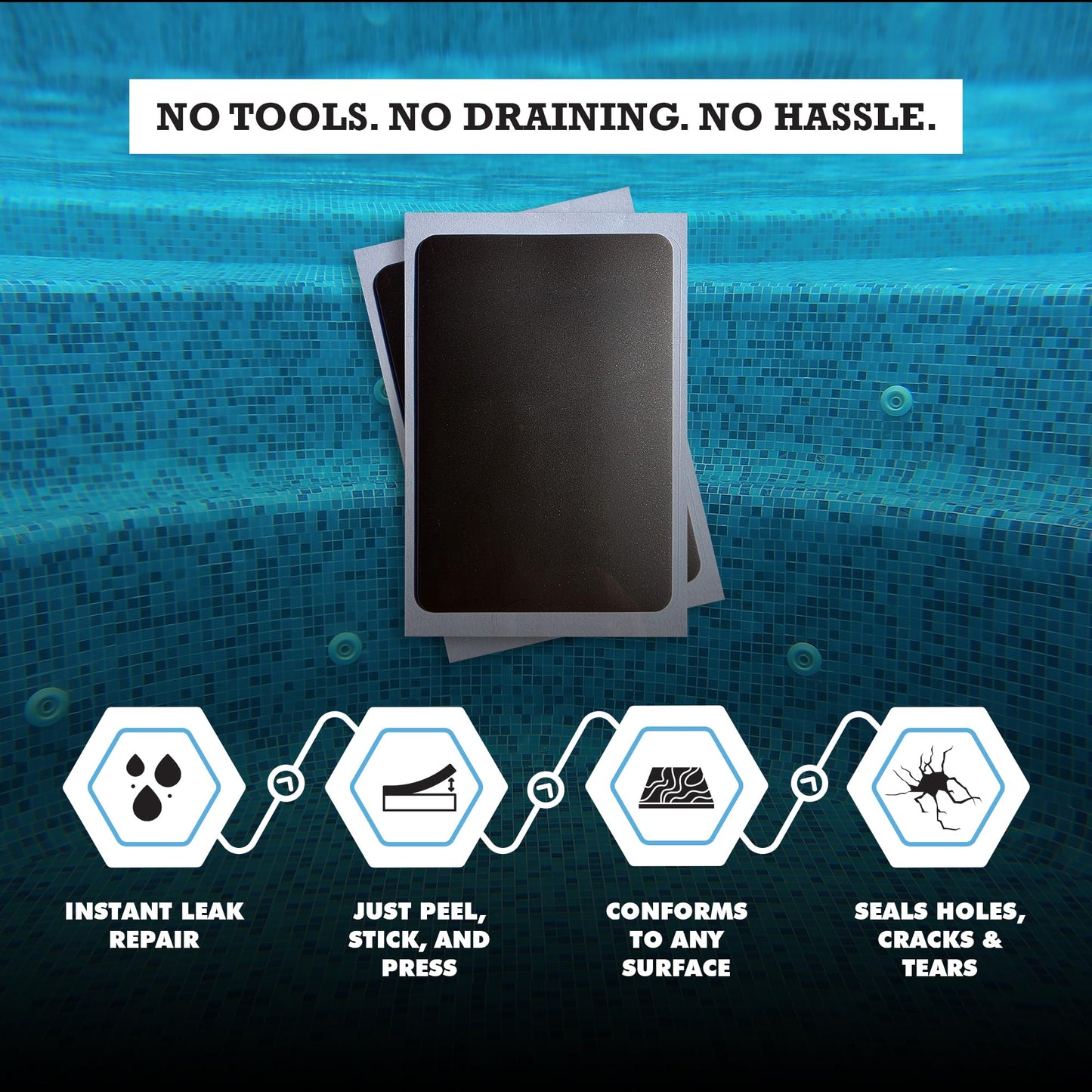 Burro Adhesives 10-Pack Waterproof Gray Pool Patches - Professional Grade PVC Repair Kit with 2.75" x 4" Heavy Duty Patches for Commercial & Residential Vinyl Liner Pools, Works Underwater & Dry