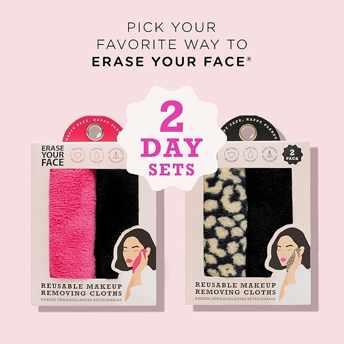 ERASE YOUR FACE Reusable Makeup Remover Cloths - Microfiber Face Towels to Cleanse & Remove Makeup - Water Activated for Sensitive Skin - Pink & Black (2 Count)