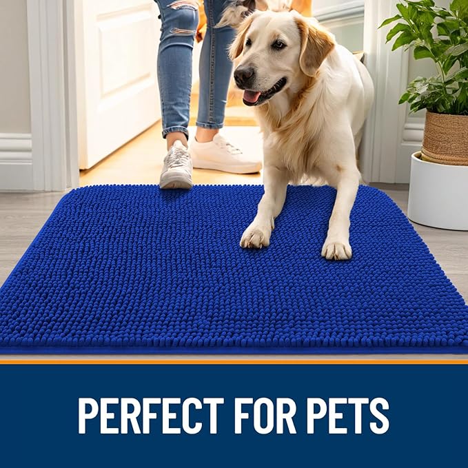 OLANLY Dog Door Mat for Muddy Paws 50x30, Absorbs Moisture and Dirt, Absorbent Non-Slip Washable Doormat, Quick Dry Chenille Mud Mat, Entry Indoor Entryway Carpet for Inside Floor, Royal Blue