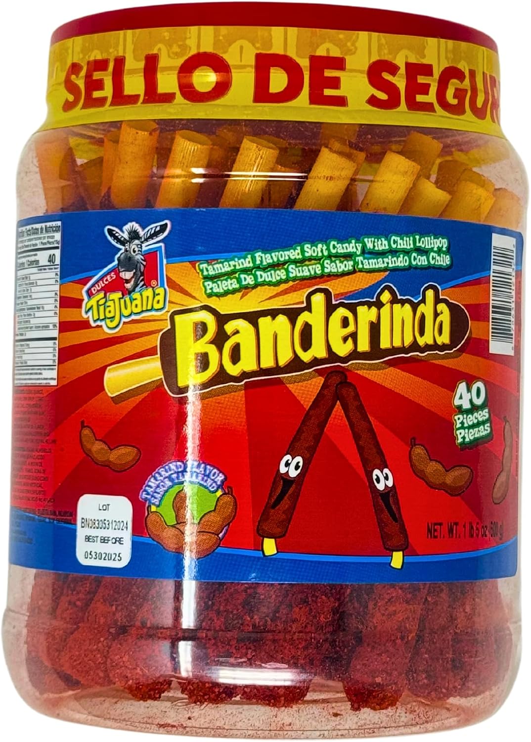 Tamarind Candy Straws (40 Count) Banderinda, Mexican Candy, Dulces Mexicanos, Tamarindo Sticks, Banderillas de Tamarindo, Spicy Chili Flavor Jar - 1.3 lbs