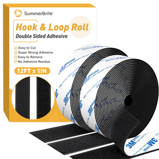 12Ft x 1 Inch Hook and Loop Tape, Heavy Duty Double-Sided Adhesive Strips, Strong Sticky Back Fastener, Cuttable Interlocking Tape Fasteners for Home, Office, Car, School & DIY Crafts (Black)