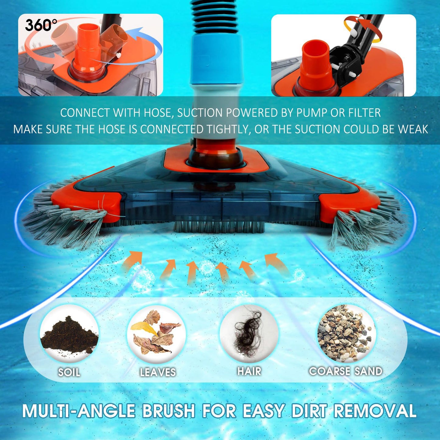 TidyMister Pool Vacuum Head with Side Brush,Universal Steering Handle & Universal Rotatable Hose Adapter,Swimming Weighted Pool Brush Vac (Safe for Vinyl Liner Pool) for Inground & Above Ground Pools