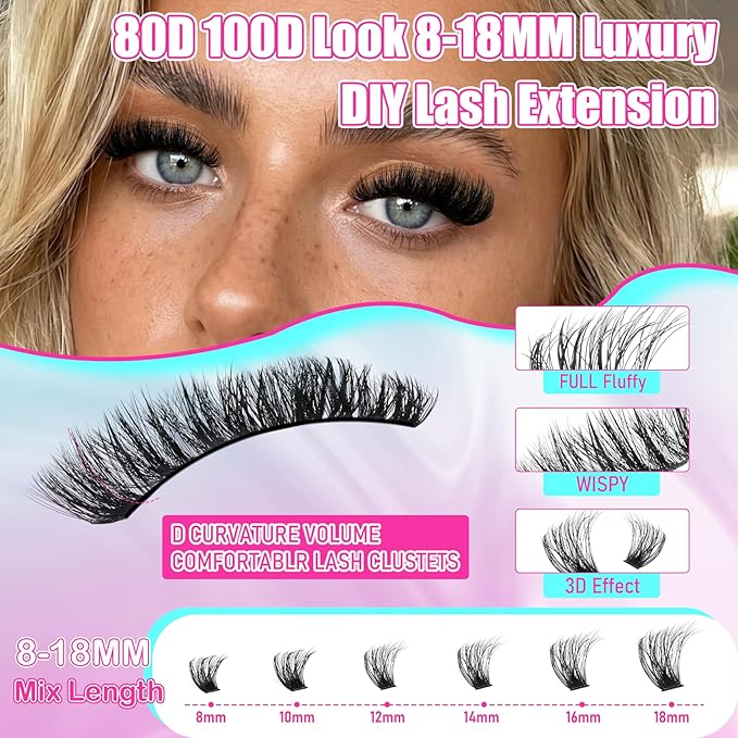Fluff Lash Clusters 608PCS Cluster Eyelash Extensions 8-18MM Wispy Lashes Clusters 80D 100D D-Curly Eyelash Clusters Mix Daily Look Fake Eyelashes Extension by MAMZY LUXE