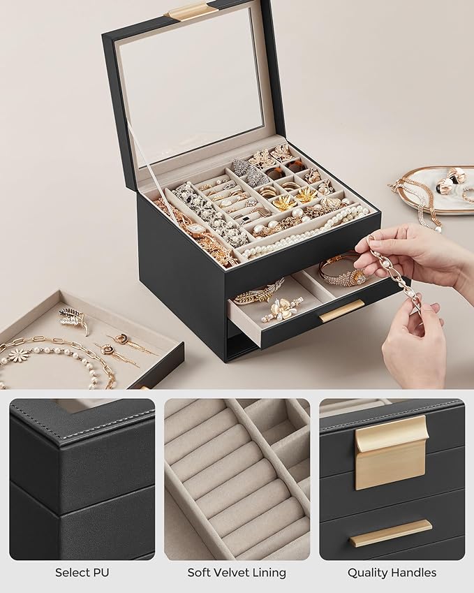 SONGMICS GISELLA Collection - Jewelry Box Organizer, 4-Layer Jewelry Storage with 3 Drawers, Shiny Metal Hardware, Glass Lid, Modern, 8 x 9.1 x 6.5 Inches, Ink Black and Gold Color UJBC173B01
