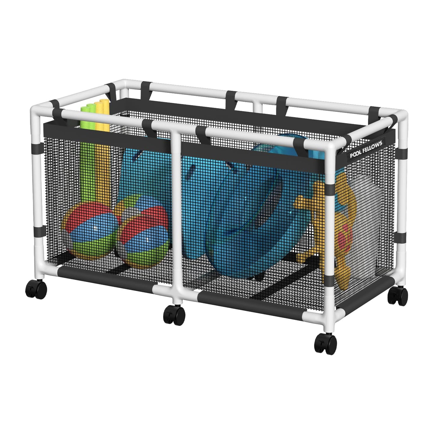POOL FELLOWS Pool Storage Bin, 90 Gallons, Holder for Noodles, Toys, Floats, Towels, Mesh Organizer for Swimming Equipments, Mini Plus Style