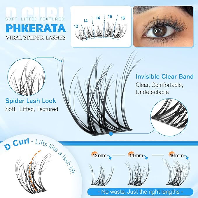 PHKERATA Spider Lash Clusters Natural Fluffy Eyelash Clusters, Wispy D Curl Cluster Eyelash Extensions with Invisible Clear Band, 12-16mm DIY Individual Lashes