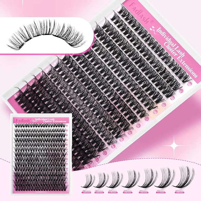 FADLASH Natural Lash Clusters Kit Individual Wispy Eyelash Clusters D Curl with Lash Bond and Seal Lash Glue Remover and Eyelash Tweezer for Beginners DIY at Home (40D-0.07D, 12-18mm, Kit)