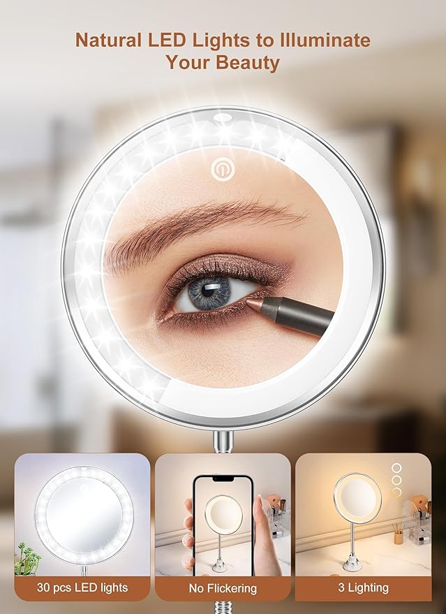 Brightown 10x Magnifying Mirror with Light,Flexible Gooseneck Make up Mirror with Lights and Magnification, Battery Operated with Suction Cups for Wall Bathroom Silver 3 Lighting