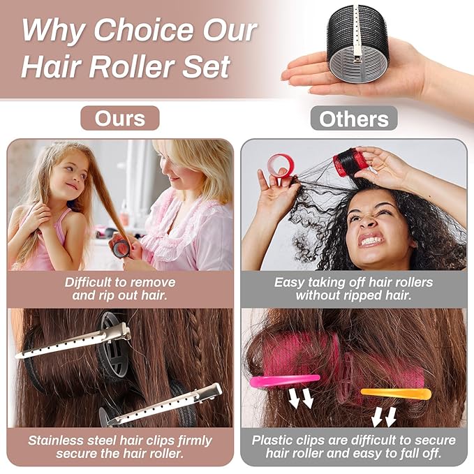 Self Grip Hair Rollers Curlers 16 Pcs Set with 8Pcs Hair Rollers 2 Sizes (4 Jumbo & 4 Large) and 8 Pcs Hair Clips for Long Medium Short Thick Fine Thin Hair Volume (Black)