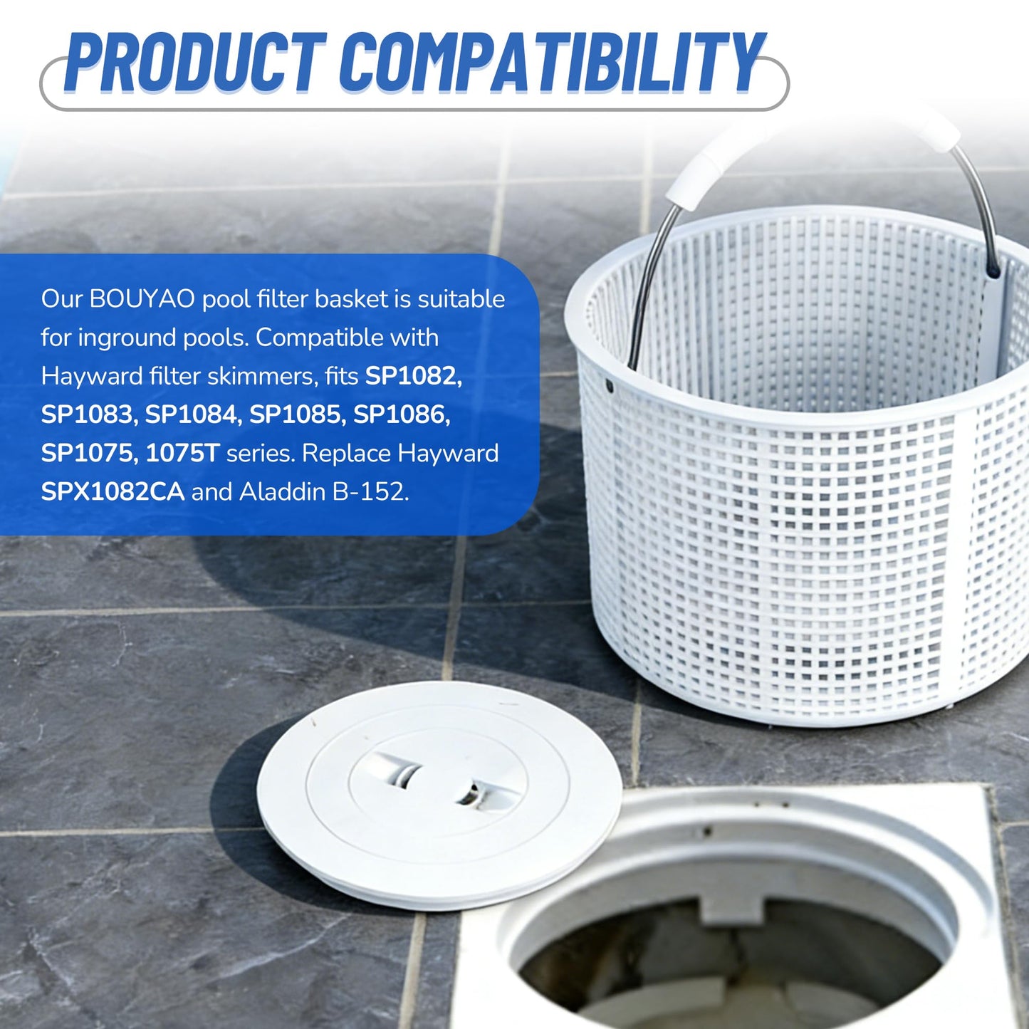 BOUYAO ﻿Upgrade Pool Skimmer Basket - Stainless Steel Handle & Rubber Grip | Direct Replacement for Hayward SPX1082CA & Aladdin B-152, Compatible with Hayward SP1082, SP1075 In-Ground Pool Skimmers