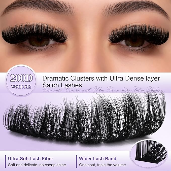B&Q Fluffy Lash Clusters Thick 200D, Volume Eyelash Clusters 10-18mm, D Curl Cluster Eyelash Extensions, Supersoft Individual Lashes Wispy Cluster Lashes Dramatic Full Look Eyelash（200D）