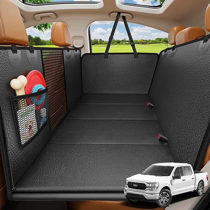 URPOWER XL Dog Backseat Extender for Full-Size Crew Cab Truck - Hard Bottom PU Leather Dog Car Seat Cover for Back Seat, Dog Hammock Pet Rear Seat Protector Travel Bed for F150 / Silverado/RAM 1500