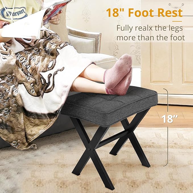 LUE BONA Vanity Stool, Square Linen Makeup Stool with Metal X Legs, Small Ottoman Stool Chair for Vanity, Modern Padded Vanity Seat Foot Rest Stool for Makeup Room, Living Room, Bathroom, Carbon Gray
