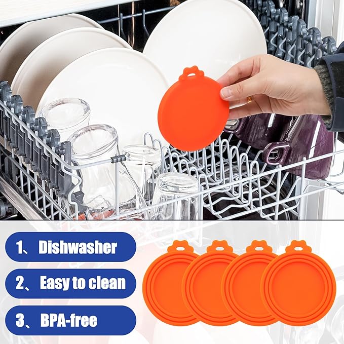 PINE & LINEN 4 Pcs Durable Pet Can Lids,One fit 3 Standard Size Silicone Waterproof Cat Food Cans Lids for 3oz/5.5oz/12.5oz/13.2oz Cat Food Cans（Orange）