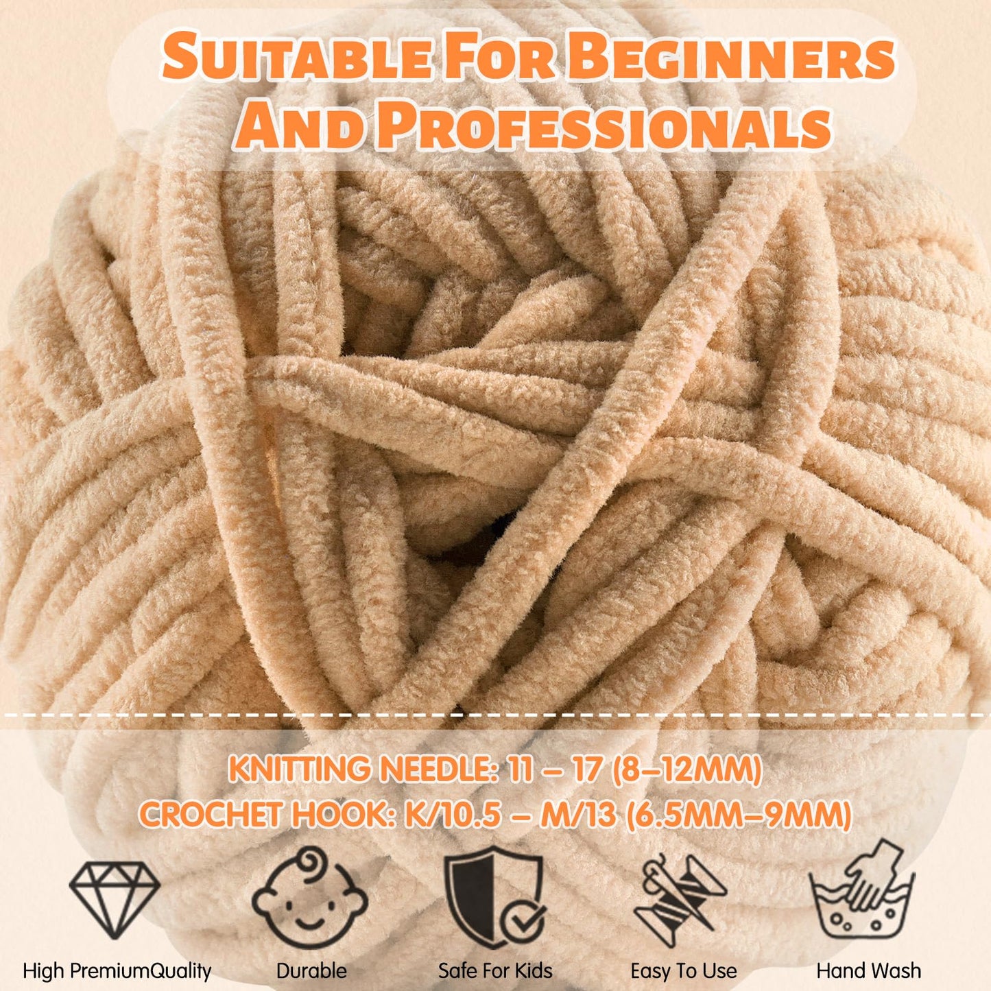 Chunky Chenille Yarn Velvet Soft Super Bulky Size 6 for Crocheting Knitting, Baby Blanket Yarn, 100g 71 Yds per Skein, Easy to Use for Scarves, Amigurumi, Crafts (4, Tangerine)