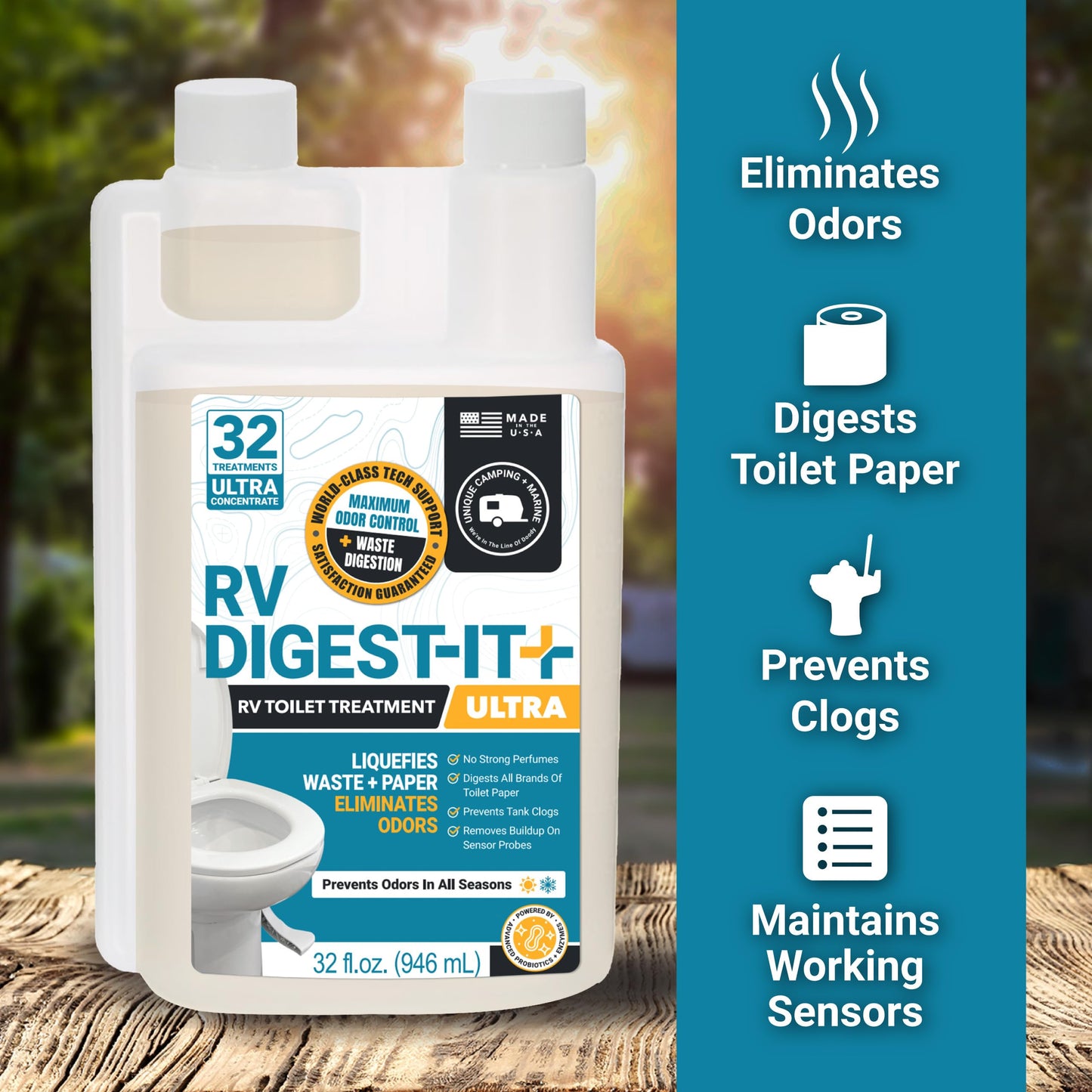 Unique RV Digest-It Ultra RV Toilet Treatment, 32 Uses, Super Concentrated - Eliminates Smells and Liquifies Waste, Easy-Measure Extra-Strength Preventive Bio-Enzymatic Holding Tank Treatment (32 oz)