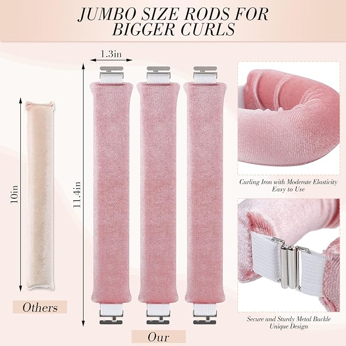 Heatless Curlers, Heatless Curls Overnight Set for Women, No Heat Hair Curlers to Sleep In, Jumbo Overnight Curls with Blowout Rods for Long Hair, Mothers Day Gifts(Pink, 3 Curling Rod with 1 Scarf)