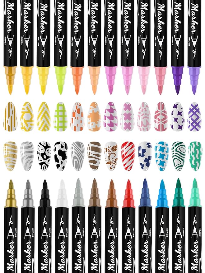 24 Colors Nail Art Markers Set, Kalolary 3D Nail Art Pens Double-headed Nail Point Graffiti Dotting Pen Quick-Drying Drawing Painting Liner Brush for DIY Nail Art Home & Salon Manicure Tools