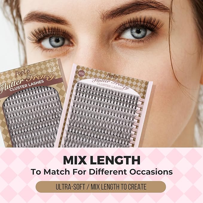 PopUp Cluster Lashes 168pcs Wispy Lash Clusters Soft D Curl Eyelash Clusters Russian Lashes Clusters DIY Eyelash Extensions at Home,Thin Bank 9-18mm MIX (30D)