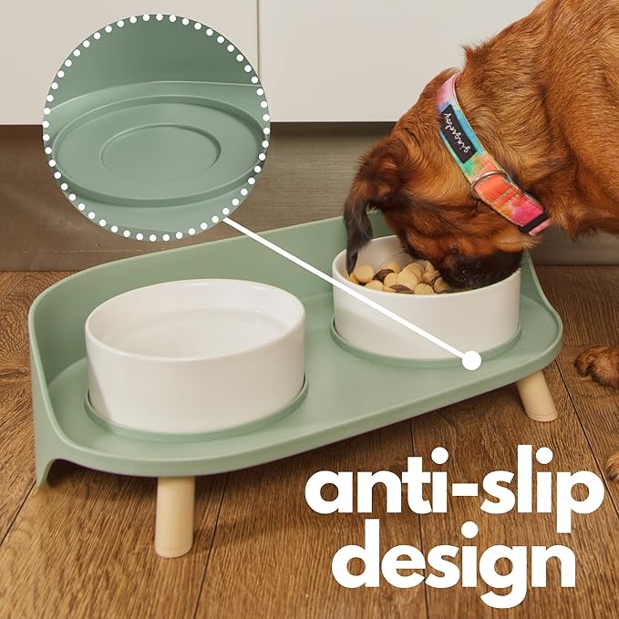 A4DOG Ceramic Dog Bowls with Stand - Elevated Dog Water and Food Bowl Set 13.5oz Cat & Dog Feeding Station Spill Proof Splash Proof Raised Pet Food Bowls for Dogs, No Mess Pet Feeder - Green
