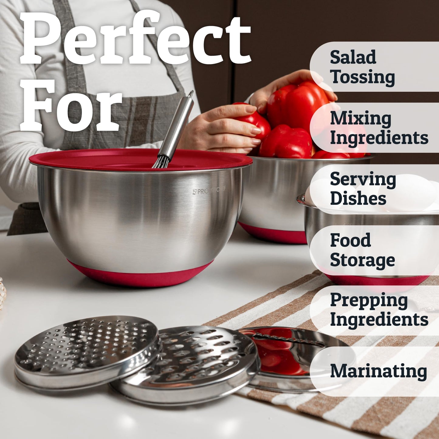 Priority Chef Stainless Steel Mixing Bowls with Lids Set, 3 Grater Attachments, Airtight Lids, Non-Slip Silicone Base Mixing Bowl Set, Large Prep Metal Mixing Bowls for Kitchen, Green