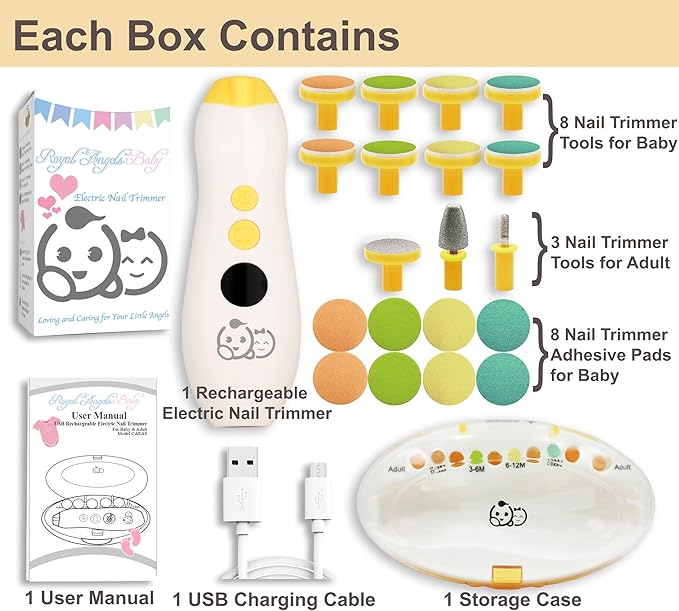 Royal Angels Rechargeable 22 in 1 Baby Nail Trimmer with LCD Display, Labeled Case, 13 Extra Pads, Safe Quiet LED Light Electric Baby Nail File Kit for Newborns Toddlers (Mango)