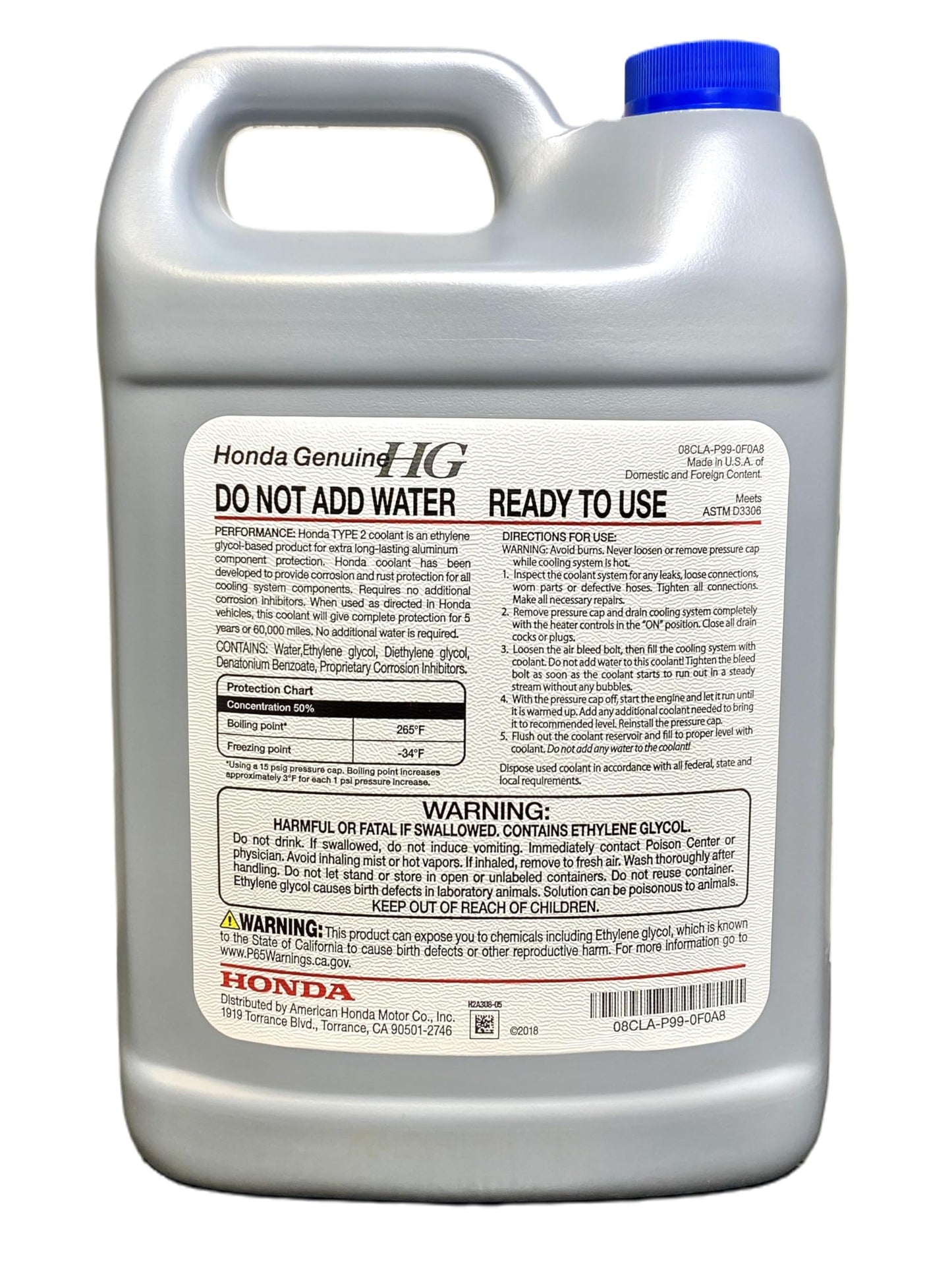 Honda Genuine Extended Life Antifreeze/Coolant Type 2, 50/50 Pre-Diluted, 1 Gallon