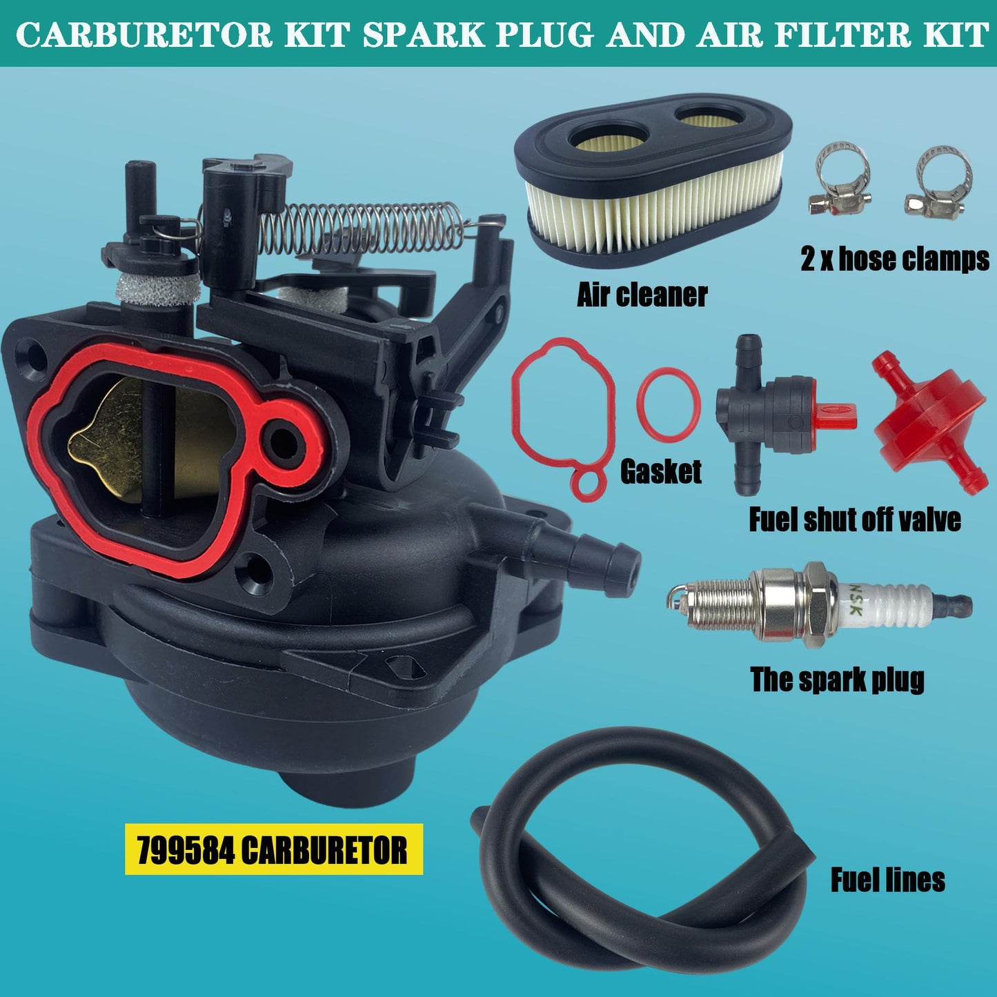 YzusGomumu 799584 594058 Carburetor Kit Spark Plug & Air Filter Assembly Compatible with B&S Carb 594057 592361 594529 Troy Bilt TB110 TB200 103M02 09P702 9P702 550EX 625EX 675EX 725 lc121p 163cc