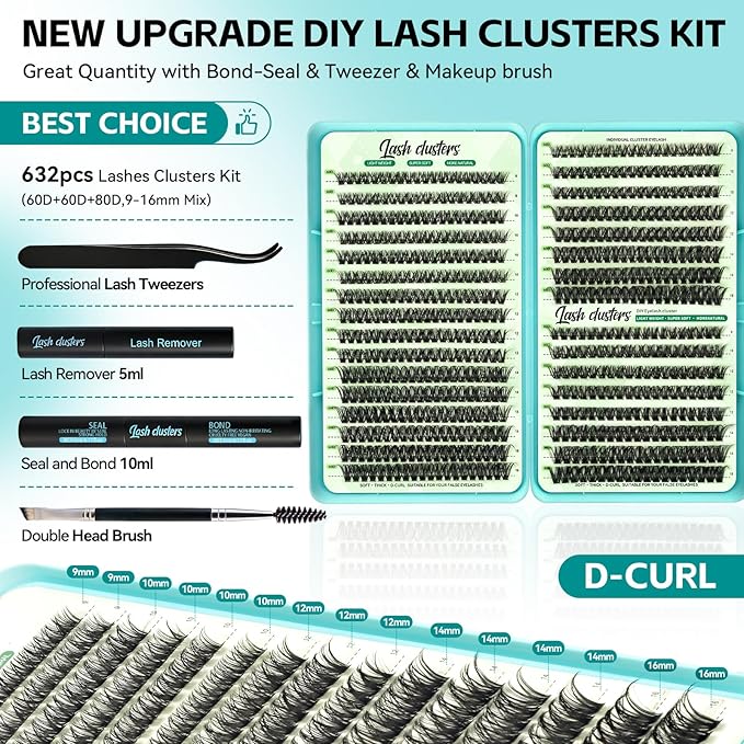 Wispy Lash Clusters Kit, D Curl Lashes Clusters Natural Look 9-16mm Individual Super Thin Band DIY Cluster Eyelash Extensions Kit with Bond Seal Tweezers Brush Remover (60D 80D Mix)