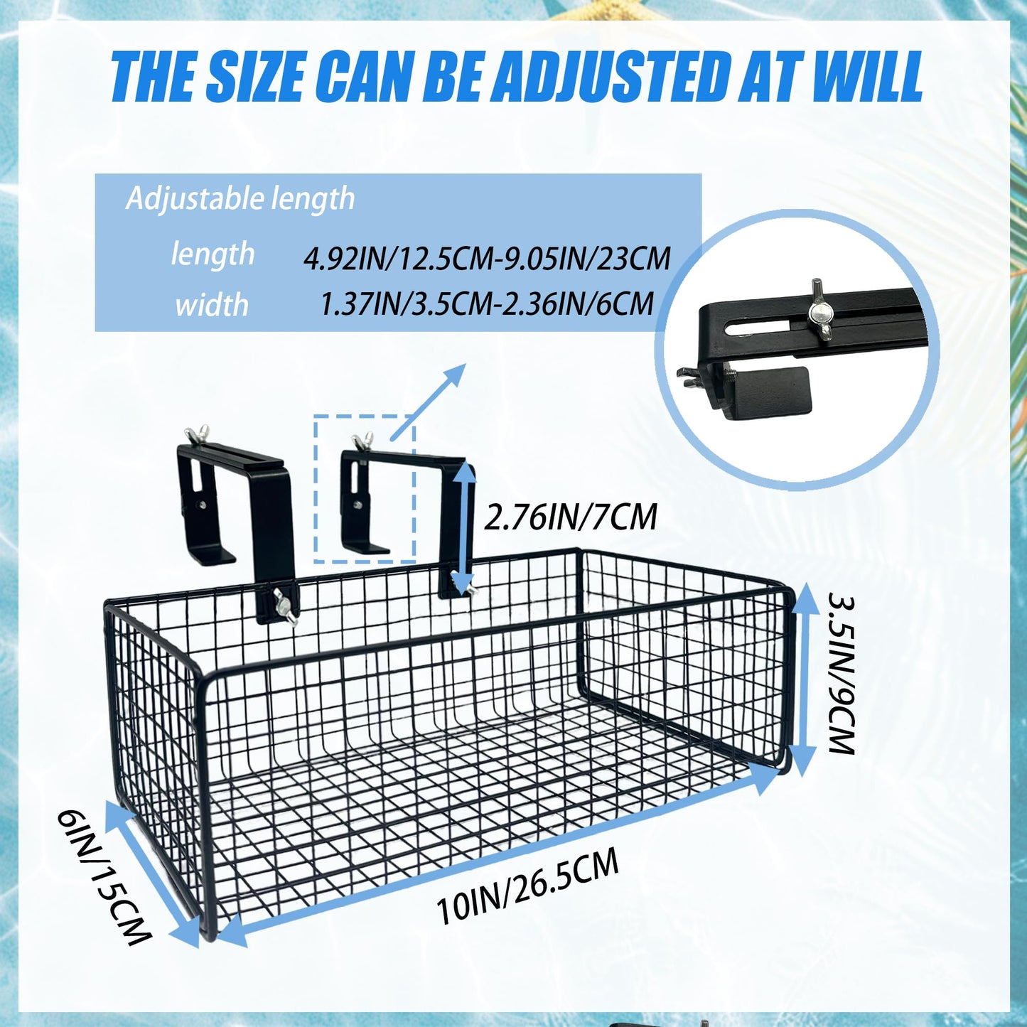 Desunqin 10 x 6 x 3.5 in Metal Poolside Storage Basket for Square Top Pools Only, Fit 4.9" to 9" Top Rails, Adjustable Swimming Pool Hanging Basket, Above Ground Pool Shelf Accessories to Organize