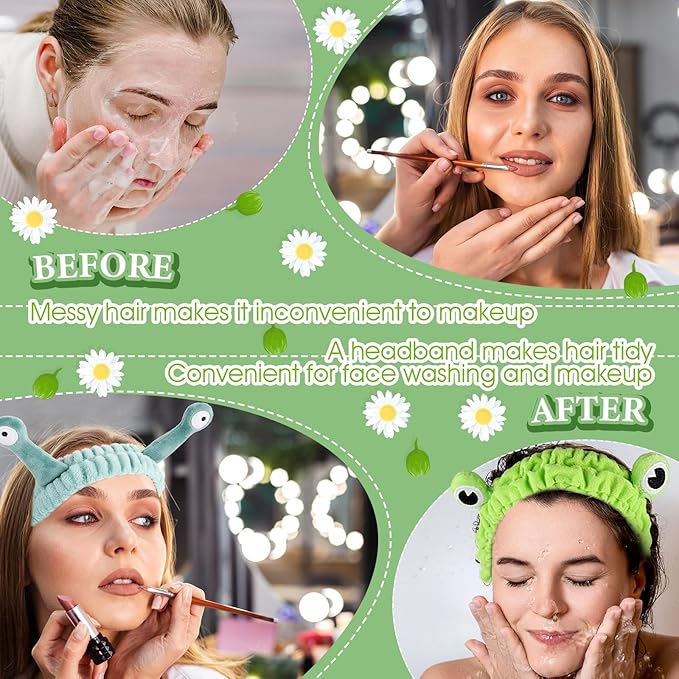 3 Pack Spa Headband Face Wash Hairband Facial Makeup Head Wraps Cartoon Elastic Head Band Cute Frog Snail Crab Shower Headband Creative Hair Accessories for Beauty Skincare Sports