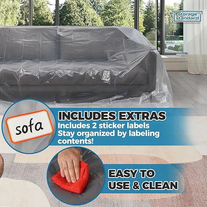 Plastic Furniture Covers for Moving - Heavy-Duty Couch Cover for Sofa, Waterproof & Dustproof Clear Moving Bags for Renovation, Wrap or Storage - Extra Large Bag Open Size 96 x 42 x 62 Inch
