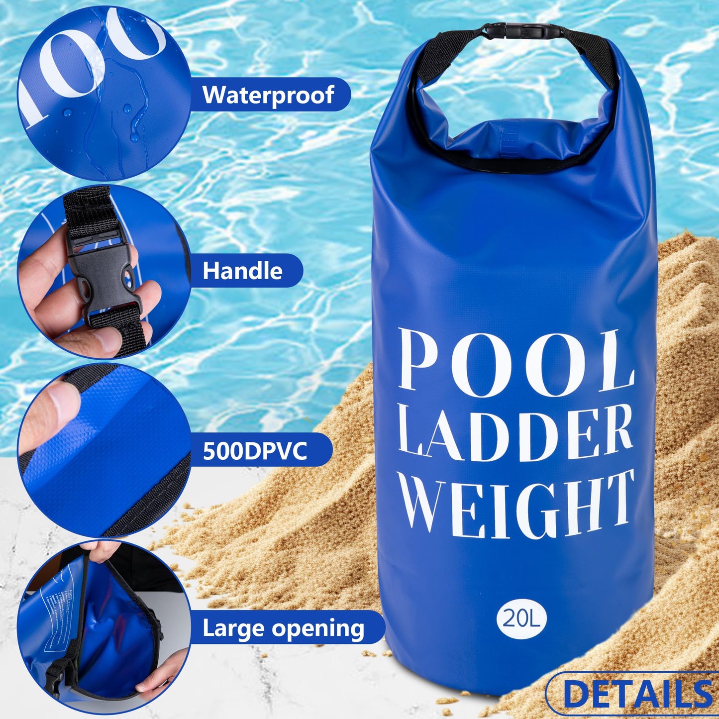 20L/50LB 500D PVC Swimming Pool Ladder Weights- 2 Pcs Waterproof Pool Step Weight Sand Bags- Fillable Pool Stair Weight Anchor Bag with Heavy-Duty Handle for Pool Steps