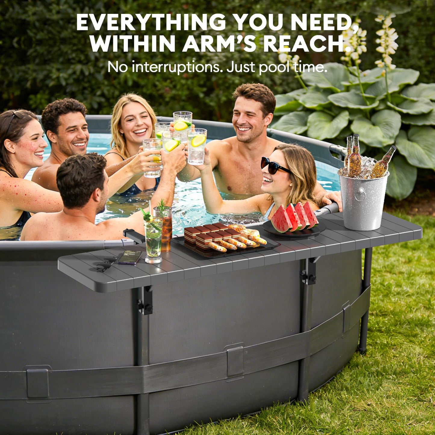 Hyperzoo Pool Bar for Above Ground Pools, Stable Poolside Drink & Snack Table Supports Up to 110 lbs, Rust-Free ABS Poolside Bar Fits ≤4.4” Rails for Framed Round & Oval Pools, Ideal for Pool Parties