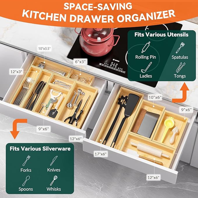 Lixple Bamboo Drawer Organizer for Kitchen Utensils, 2 Pack Stackable Bamboo Kitchen Drawer Organizers, Silverware & Utensil Drawer Trays, 10" x 6" x 2" (Outer), 9.3" x 5.3" x 1.3" (Inner)