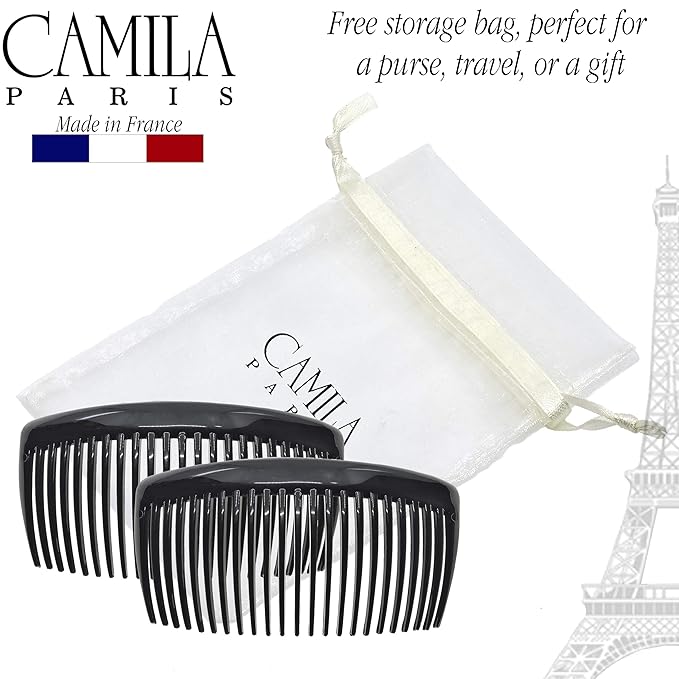 Camila Paris CP2910 French Side Combs Large Curved, Black French Twist Hair Combs Decorative, Strong Hold Hair Clips for Women Bun Chignon Up-Do, No Slip Styling Girls Hair Accessories, Made in France