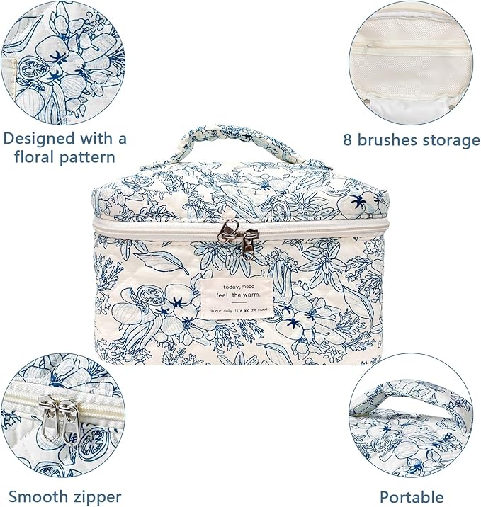 Large Makeup Bag, Cute Cosmetic Bag for Women Girls, Floral Coquette Aesthetic Toiletry Bag, Travel Make Up Organizer Bag (Navy Blue)