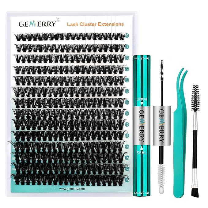 GEMERRY Lash Extension Kit DIY 280pcs Lash Clusters Kit Eyelash Extension Kit D Curl Individual Lashes Kit with Lash Bond and Seal Lash Tweezers for Self Use（50P-10-18mm)