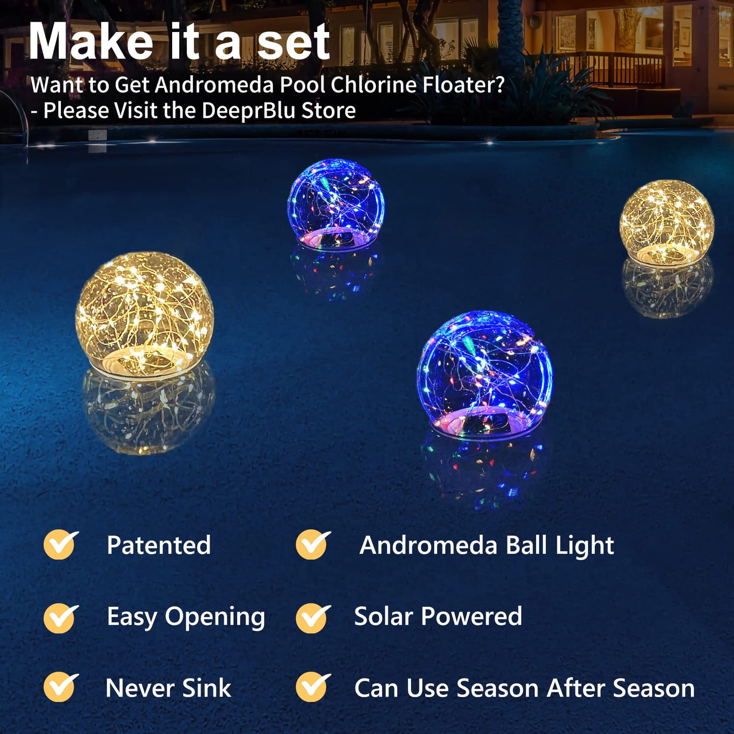 DeeprBlu Pool Chlorine Floater with Solar Ball Light, Floating Chlorine Dispenser for 3'' Chlorine Tablets, Chlorine Tablet Floater Chemical Dispenser Easy Opening, Bromine Tablet Holder for Pool, Spa