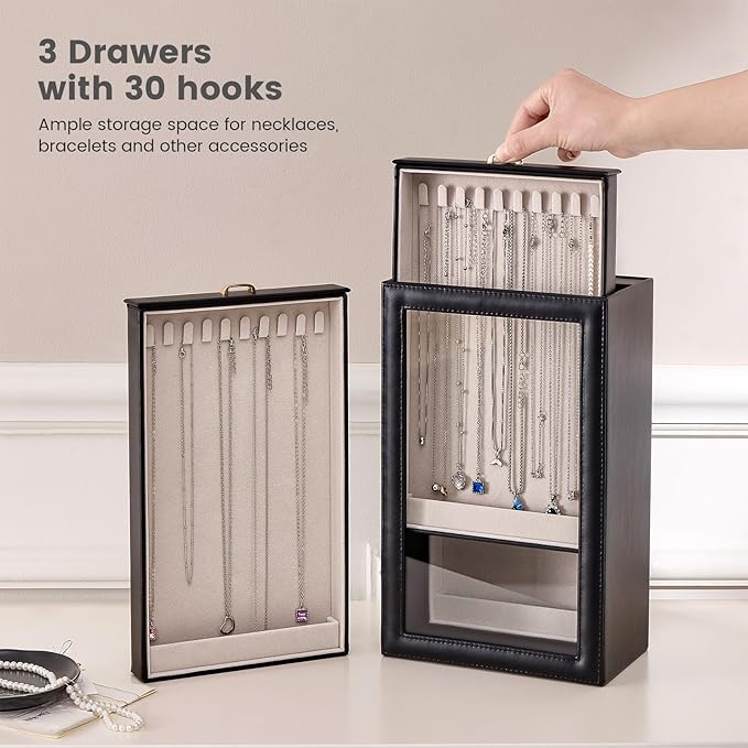 Lolalet Necklace Organizer Box, Jewelry Storage Box with Clear Window for Necklaces Bracelets, Tangle-Free Necklace Display Case for Women Girls -Black, 3 Layers 30 Hooks