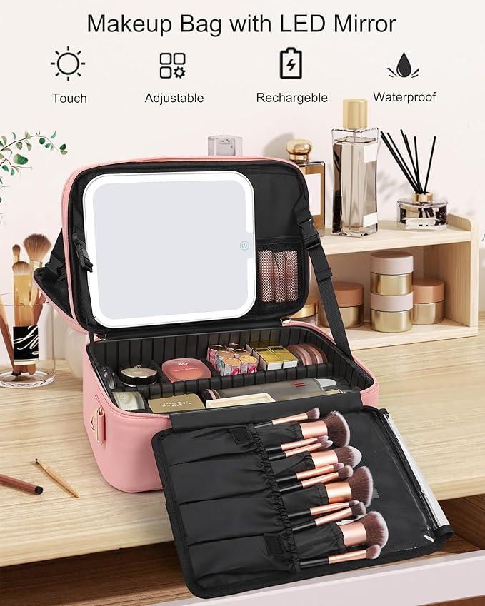 Chomeiu Makeup Bag with LED Mirror, Large Travel Cosmetic Train Case for Women, Makeup Artists Large Organizer Box with Vanity Light Up Mirror, 3 Color Lights, Adjustable Dividers (Pink)