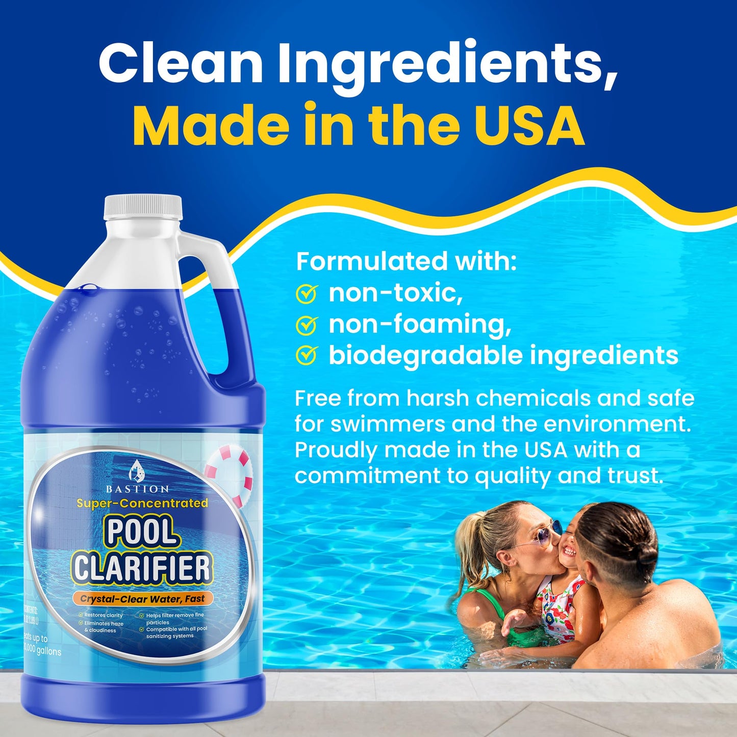 Pool Clarifier & Water Flocculant – Super Concentrated Floc for Cloudy Above Ground & Inground Swimming Pools – 64 oz – Chlorine, Saltwater, Chemicals Compatible – 1 oz Treats 5,000 Gallons