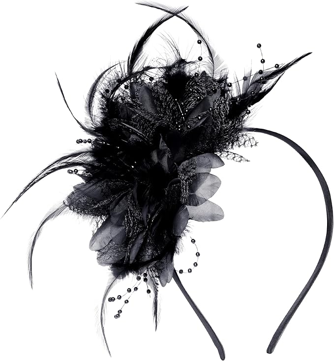 Womens Fascinators Hats Tea Party Hats for Women, Feather Pearl Veil Headband for Wedding Cocktail Dresses Accessories