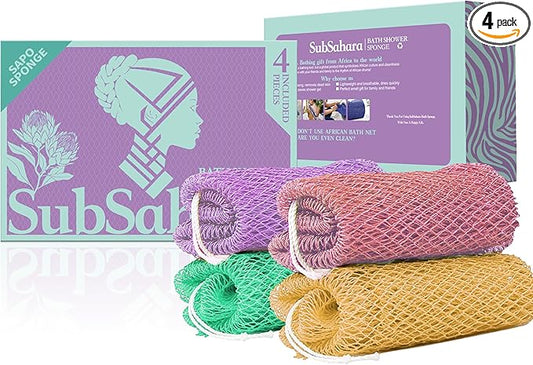 SubSahara Authentic African Net Sponge - 4 Pack Exfoliating Bath & Shower Loofah Sponge for Body & Face, Gentle Scrubber for All Skin Types, Travel, Durable
