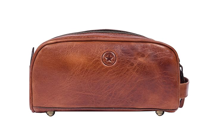 10" Premium Leather Toiletry Travel Pouch With Waterproof Lining | King-Size Handcrafted Vintage Dopp kit By Aaron Leather Goods (Buckthrown Brown)